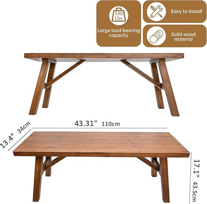 Handcrafted Solid Wood Bench, 43" - Farmhouse-Style Entryway Seating for Living & Dining Room, Rustic Design, Natural Finish