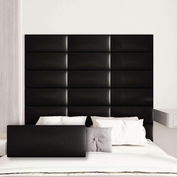 Upholstered Wall Mounted Headboard, 3D Soundproof Wall Panels Peel and Stick Headboard for King Size, Headboard for Adjustable Bed, Tufted Headboard, Black(12 Panels, 10" x 24")