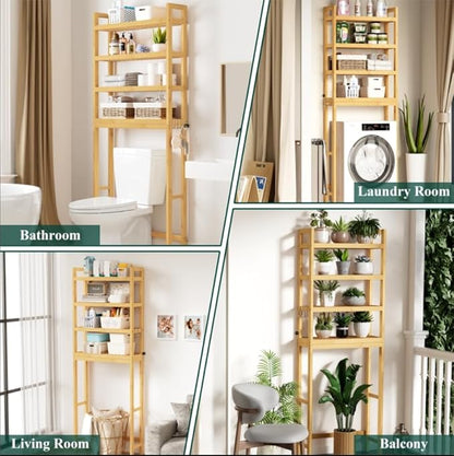 Smiry Over The Toilet Storage Cabinet, 4-Tier Bamboo Bathroom Organizers with Adjustable Shelf & 4 Hooks, Space Saving Shelf Rack for Bathrooms, Laundry Room, Balcony, Natural