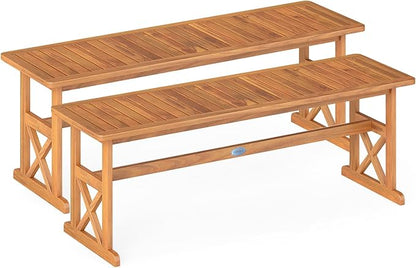 Tangkula Outdoor Acacia Wood Bench, Set of 2 Backless Patio Dining Bench with Slatted Seat & 800 lbs Weight Capacity, Outside Loveseat Seating Furniture for Front Porch, Garden, Balcony & Backyard
