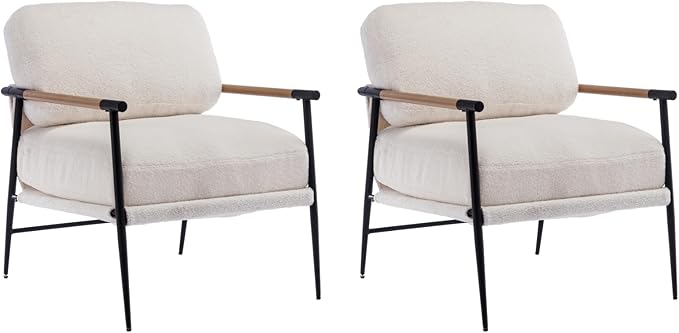 HEAH-YO Modern Accent Chairs Set of 2, Upholstered Lambwool Living Room Chairs with Backrests, Comfy Reading Armchairs for Bedroom, White