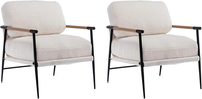 HEAH-YO Modern Accent Chairs Set of 2, Upholstered Lambwool Living Room Chairs with Backrests, Comfy Reading Armchairs for Bedroom, White