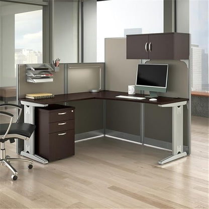 Bush Business Furniture Office in an Hour 65W L Shaped Cubicle Desk with Storage, Drawers, and Organizers in Mocha Cherry | Modern Computer Table Set with Privacy Panels for Commercial Workspace