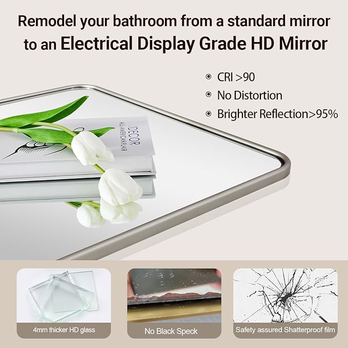 ANDY STAR Wall Mirror for Bathroom, 30x40 Inch Brushed Nickel Rectangle Bathroom Mirror for Over Sink, Modern Silver Rounded Rectangular Mirror for Vanity with Non-Rusting Tube Metal Frame