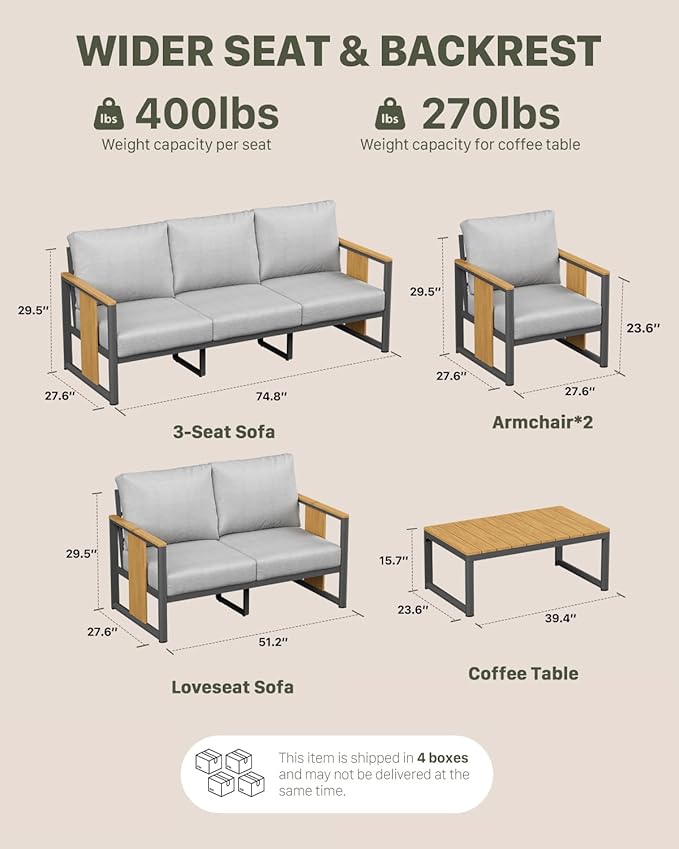 ZANDOR Aluminum Outdoor Patio Furniture Set – 1 Pcs Loveseat with Washable Thick Cushions,All-Weather Modern Metal Furniture for Garden,Backyard,Porch,Grey