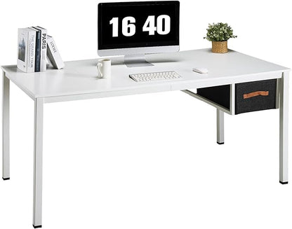 White Computer Desk with Drawer, 63 Inch Large Home Office Work Desks, Modern Writing Study PC Desk Gaming Table for Bedroom Home, Stable Thick Metal Legs Frame Support