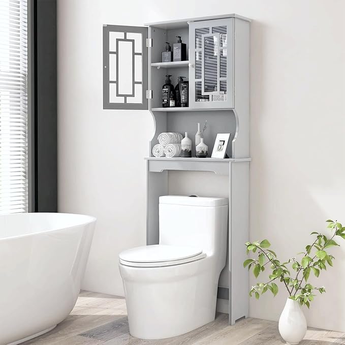 BestComfort Wooden Over The Toilet Storage Cabinet, Home Bathroom Space Saver, Double Doors, Adjustable Shelf Organizer, Open Storage Shelf, Freestanding Toilet Storage Rack Unit (Gray), Grey