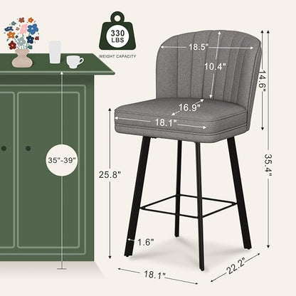 Swivel Counter Height Bar Stools Set of 2, 26'' Modern Barstools with Backs and Metal Legs, Upholstered Bar Chairs,Mid-Gray,Fabric Stools for Kitchen Island Chairs