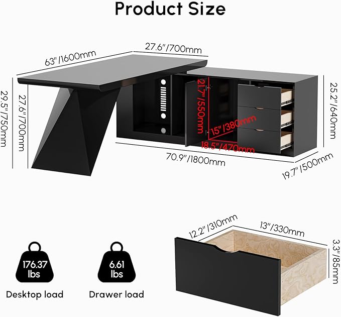 homary 70.9" Modern L-Shape Executive Desk, Home Office Desk with Drawers & Cabinet Modern Computer Desk for Home Business Furniture, Black, Left Hand