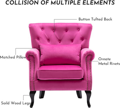 Accent Reading Arm Chairs for Living Room Bedroom, Midcentury Modern Comfy Corner Sofa Chair, Wingback Waiting Room Club Chair with Button Tufted Back &Lumbar Pillow, Velvet Rose