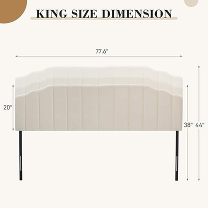 Upholstered Headboard Adjustable Height Queen/King Headboard Cream Velvet Tufted Modern Vertical Channel Design with Stepped Silhouette Top Edge(Beige King)