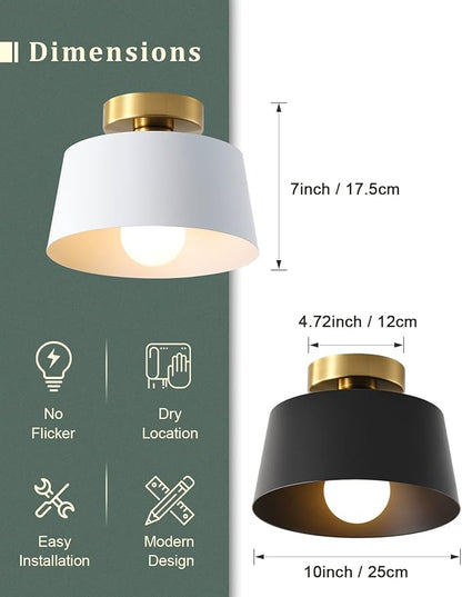 Ceiling Light Fixture, Hallway Ceiling Light with Gold Plate and Matte Black Shade, Modern Simple Style Porch Light Fixtures Semi Flush Mount (White)