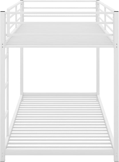 Twin Over Twin Metal Bunk Bed with Full-Length Guardrail,Low Bed Frame W/Ladder, Steel,No Noise,Bedroom Furniture for Children,Teens Adults,White