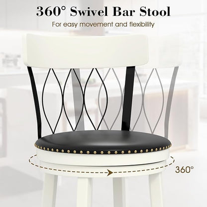 COSTWAY Bar Stools Set of 4, 30‘’ Seat Height Swivel Barstools with Ergonomic Backrest, Soft Cushion & Footrest, Rubber Wood Bar Height Bar Chairs Upholstered Dining Chairs for Kitchen Island