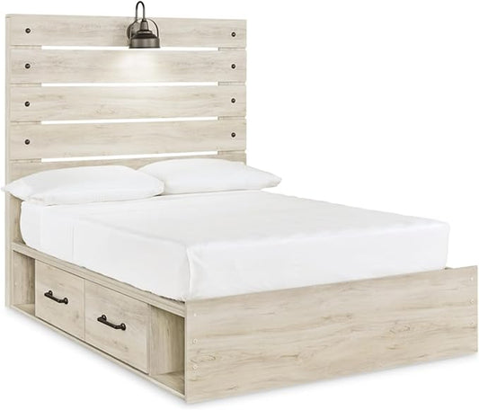 Signature Design by Ashley Cambeck Farmhouse Full Panel Platform Bed with 2 Storage Drawers, Cubbies, Sconce Light and USB Ports, Foundation or Box Spring Not Needed, Whitewash