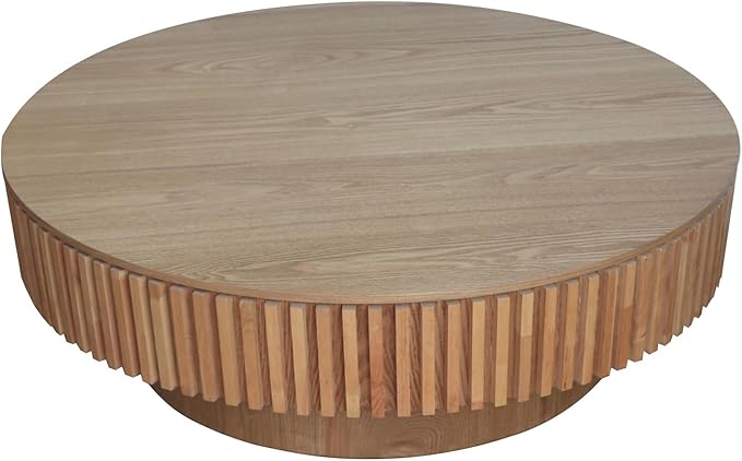 39.37'' Round Coffee Table for Living Room, Fluted Tea Table with Hidden Storage, Solid Wood Circle Coffee Table, Modern Tea Table for Small Space Apartment-Natural Wood 39.37''D×13.78''H