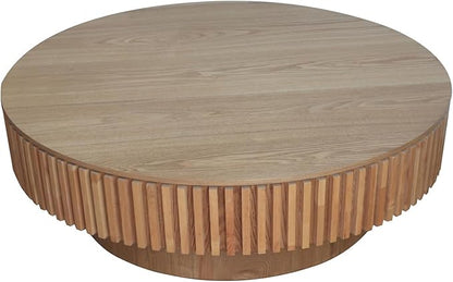 39.37'' Round Coffee Table for Living Room, Fluted Tea Table with Hidden Storage, Solid Wood Circle Coffee Table, Modern Tea Table for Small Space Apartment-Natural Wood 39.37''D×13.78''H