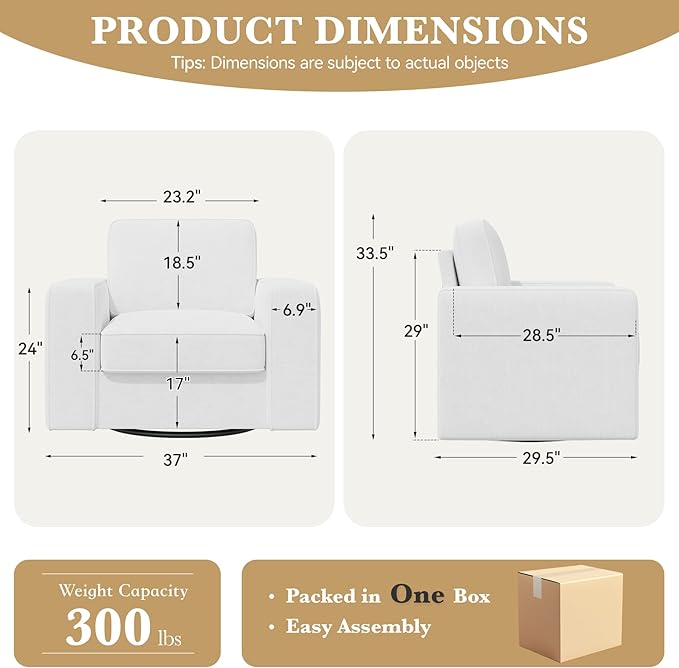 Swivel Accent Sofa Chair Set of 2, 360 Degree Rotation 36'' Width Oversized Thick Cusion Armchair Linen Fabric Single Padding Soft Living Room, Office White