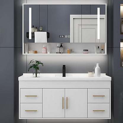 68IN Modern Bathroom Vanity - LED Intelligent Mirror Cabinet Includes Time Display & Defogging | Bathroom Cabinet with Sink & Open Storage Compartments, Ceramic Washbasin, 4 Drawers (Style A)