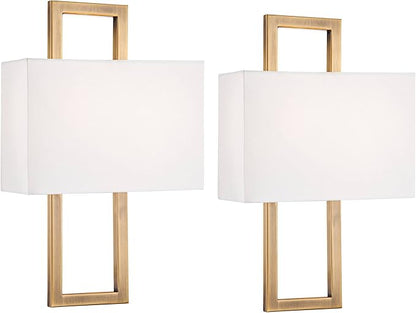 Possini Euro Design Modena Modern Wall Light Sconces Set of 2 French Brass Gold Hardwired 9 1/2" Fixture Off-White Faux Silk Half Shade for Bedroom Bathroom Vanity Living Room Home Hallway Dining