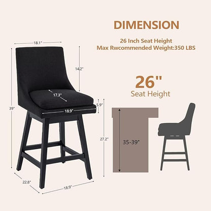 Bar Stool, 26 Inch Upholstered Barstools with 14.2" High Back and Footrest, Swivel Counter Height Barstools for Kitchen Island Home Bar Performance Fabric Black
