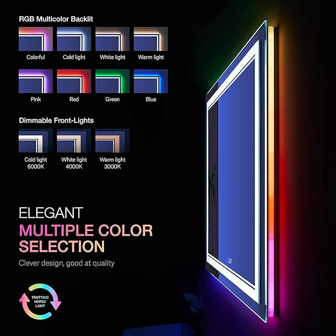 60x30 Inch LED Bathroom Mirror with Lights, Color Changing RGD Backlit and Front Light Mirror,Lighted Vanity Mirrors for Bathroom Wall, Dimmable, Anti-Fog,Shatterproof,Memory