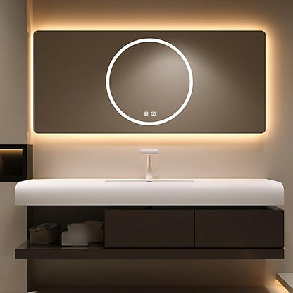 68IN Bathroom Vanity with Sink - Bathroom Cabinet Set has 2 Drawers & Overflow Hole Wall Mounted | LED Practical Defogging Mirror, Open Compartments, Seamless Rock Slab Basin (Coffee)