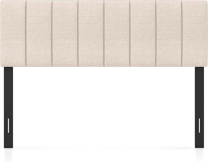 KOMFOTT Linen Upholstered Headboard for Full & Queen Size Bed, Vertical Channel Tufted Rectangular Headboard with Solid Wood Legs & Adjustable Width, Padded Bed Backboard, Easy Assembly, Beige