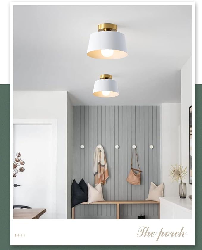 Ceiling Light Fixture, Hallway Ceiling Light with Gold Plate and White Shade, Modern Simple Style Porch Light Fixtures Semi Flush Mount (2 Pack White)