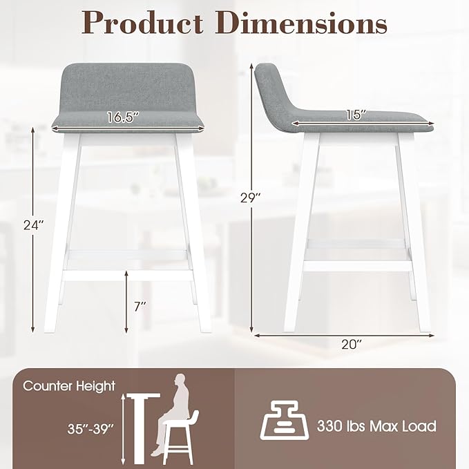 COSTWAY Wooden Counter Stools Set of 2, 24-inch Height Upholstered Padded Seat, Low Backrest, Footrest, Rubber Wood Legs, Armless Barstools for Kitchen Island, Dining Room, White+Gray
