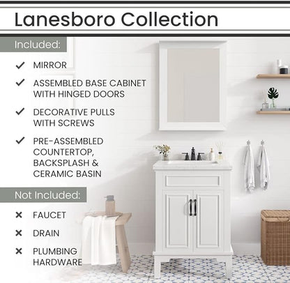 Hanover Lanesboro 24'' Vanity Cabinet with Sink Combo for Bathroom, Powder Room | Pre-Assembled Cabinet | 2 Doors | Accent Mirror | Artificial Stone Countertop, White Cabinet | HANVN0105-24-0WH