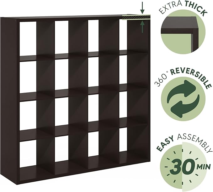 Furinno Cubicle Book Shelf, 16-Cube Thick Frame Bookshelf, Reversible Bookcase with Open Back, 14.6 x 57.8 x 58, for Living Room, Bedroom, Home Office, Black Dark Oak