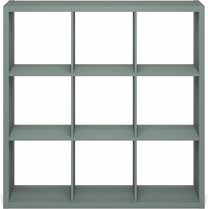 Furinno Cubicle Book Shelf, 9-Cube Thick Frame Bookshelf, Reversible Bookcase with Open Back, 14.6" x 43.8" x 43.8", for Living Room, Bedroom, Home Office, Sage Green