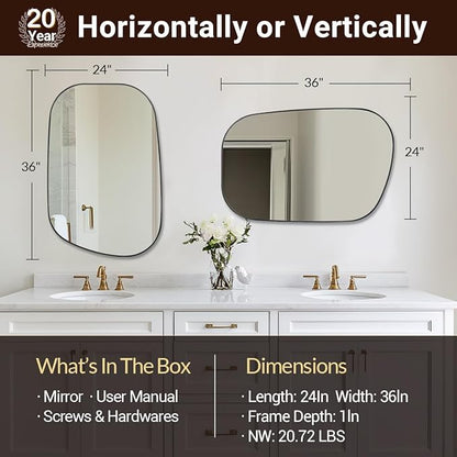 ANDY STAR 24"x36" Black Bathroom Mirror, Irregular Wall Mirror in Stainless Steel Metal Frame, Modern Matte Black Finish with Curved Edge Design, Wall-Mount Vertically or Horizontally