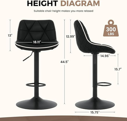 Nalupatio Bar Stools Set of 2, Adjustable Swivel Counter Height Bar Stools with Back, Armless Modern Barstools for Kitchen Island & Home Bar, Upholstered Seat,（Black）