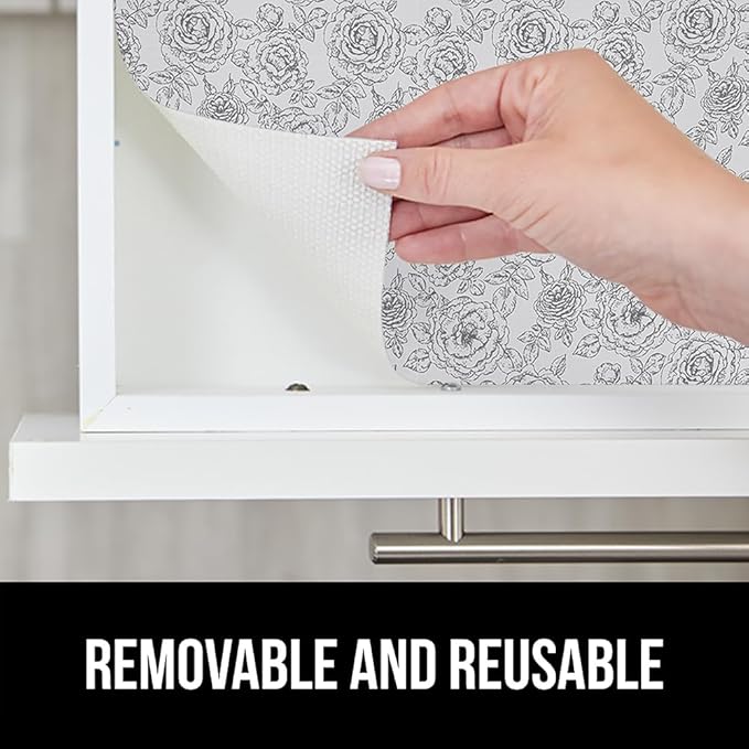 GORILLA GRIP DripGuard Shelf Liner, Non Adhesive Drawer and Kitchen Cabinet Protector, 20x240 Inch, Slip Resistant BPA Free Smooth Surface Plastic Liners for Cabinets, Bathrooms, Closets, Floral Gray