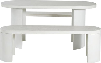 Christopher Knight Home Vicla 3 Pieces Durable Concrete Outdoor Dining Set with Stylish Terrazzo Finish, Patio Dining Table with 2 Benches, Oval Outdoor Patio Furniture Set with Pedestal Base, White