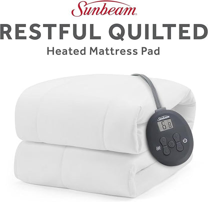 Sunbeam Electric Heated Mattress Pad Restful Quilted Extra-Cozy Fabric 12 Heat Settings 12-Hour Auto Shut-Off Deep Pocket Fit Machine Washable Twin 75" x 39"