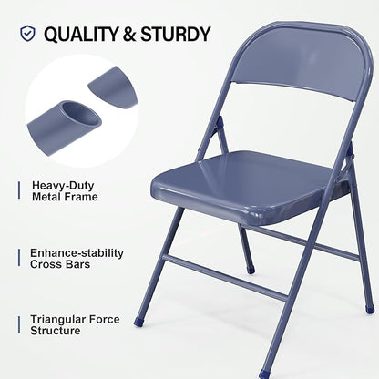VINGLI Folding Chairs All Steel Metal Frame, Capacity 350 lbs, Durable Portable and Versatile for Indoor Outdoor Use, Darkblue, Set of 8