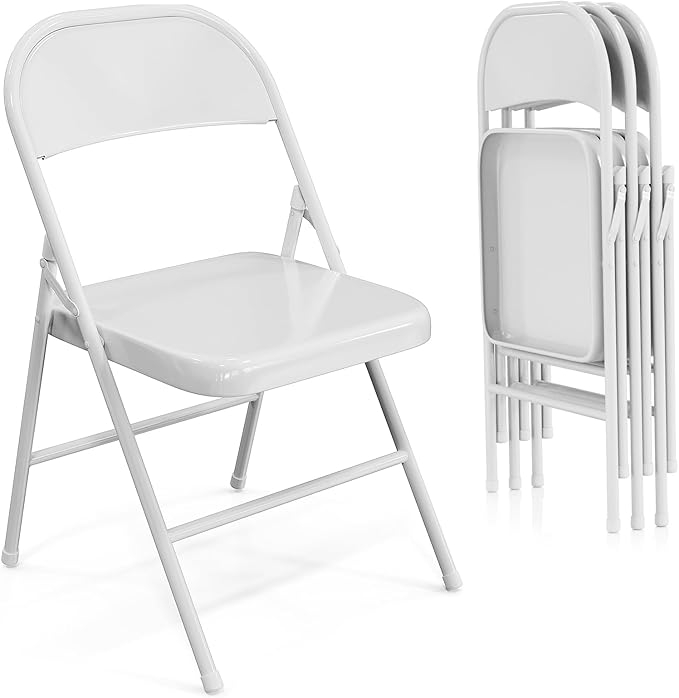 VINGLI Folding Chairs All Steel Metal Frame, Capacity 350 lbs, Durable Portable and Versatile for Indoor Outdoor Use, White, Set of 4