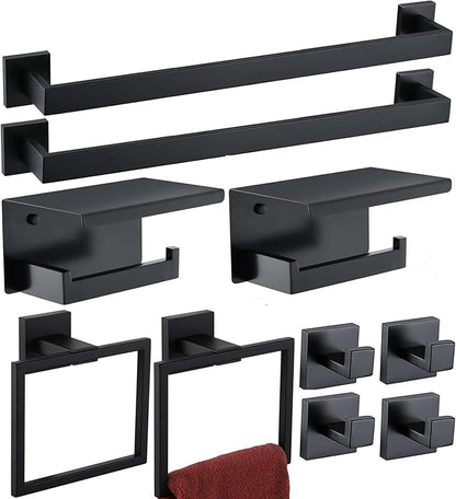 Bathroom Hardware Set Bathroom Accessories Set SUS304 Towel Bar Set Includes Towel Bar Inch+Towel Holder+Toilet Paper Holder+Towel Hook (10, Matte Black-Paper Holer with Cover+Towel Ring)