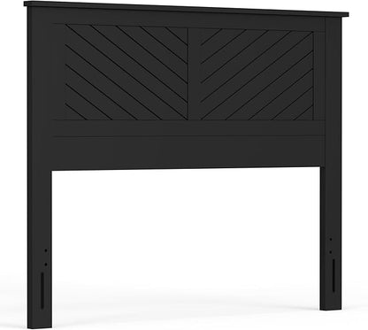 Serene Poplar Wood Full Size Headboard in Black, Modern Farmhouse Panel with Chevron Scoring, Casual Coastal Style, Easy Assembly, Quality Materials
