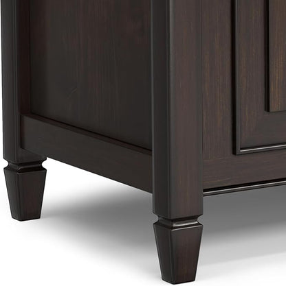 SIMPLIHOME Connaught Entryway Storage Bench - 36 inch Wide Solid Wood Small Storage Trunk Seat in Chestnut Brown, Traditional Bench for Entryway or Living Room with Lift-Up Lid and Paneled Front