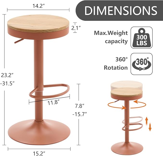 Kidol & Shellder Bar Stools Set of 4 Round Adjustable Swivel Barstools Modern Backless Bar Chairs Wooden Seat Counter Height Stools Armless for Kitchen Island, Cafe, Dining Room Terracotta