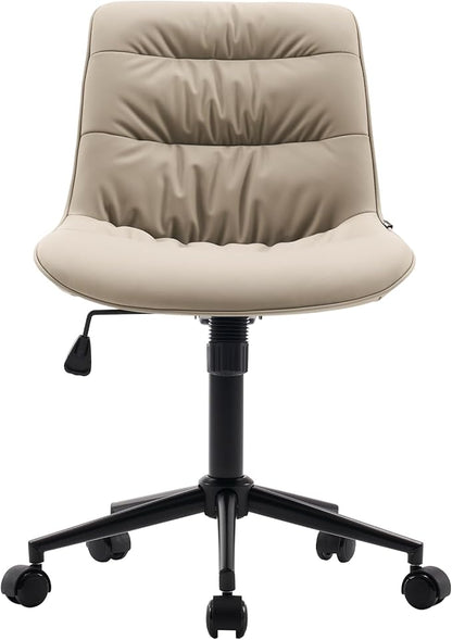 Kidol & Shellder Faux Leather Office Chair, Adjustable Swivel Height Task Chair, Rolling Wheels & Soft Backrest - Armless Ergonomic Desk Chair for Home, Office,Vanity,Gaming（Khaki）