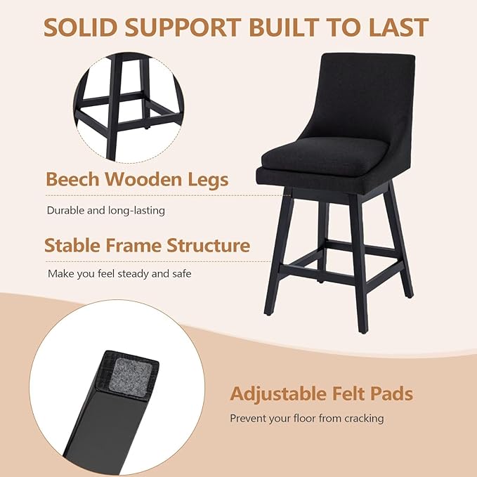 Bar Stools Set of 4, 26 Inch Upholstered Barstools with 14.2" High Back and Footrest, Swivel Counter Height Barstools for Kitchen Island Home Bar Performance Fabric Black