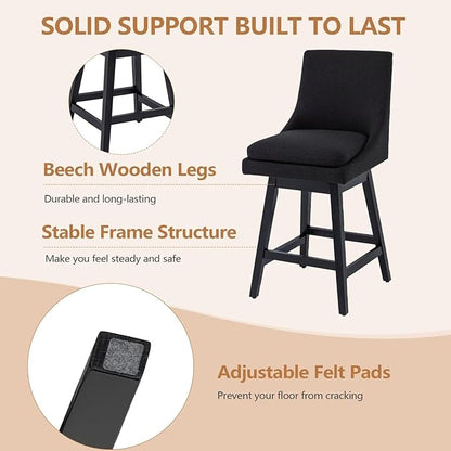 Bar Stools Set of 4, 26 Inch Upholstered Barstools with 14.2" High Back and Footrest, Swivel Counter Height Barstools for Kitchen Island Home Bar Performance Fabric Black