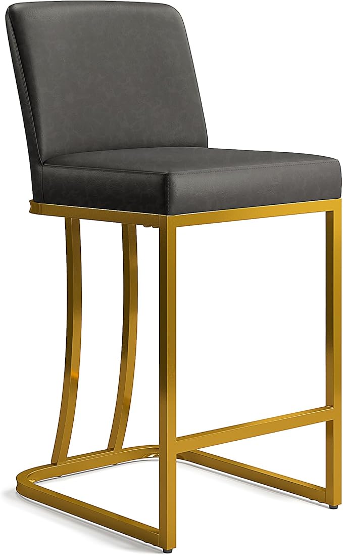 MAISON ARTS Counter Height Bar Stools Set of 3 with Back for Kitchen Counter 24 inch Modern Gold Barstools Upholstered Faux Leather Farmhouse Bar Chairs Island Stools Support 330LBS, Grey+Gold