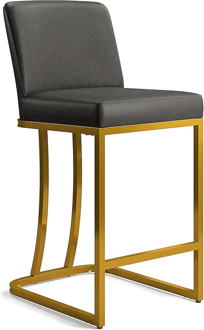 MAISON ARTS Counter Height Bar Stools Set of 3 with Back for Kitchen Counter 24 inch Modern Gold Barstools Upholstered Faux Leather Farmhouse Bar Chairs Island Stools Support 330LBS, Grey+Gold