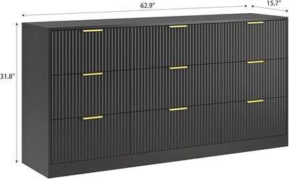 9 Drawer Dresser for Bedroom with Deep Drawers, 63" Wide Wood Dresser, Large Floor Chest of Drawers, Modern Long TV Stand, Storage Cabinet Side Table, Black